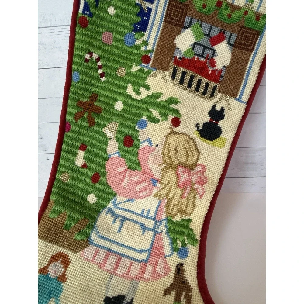 Vintage Handmade Needlepoint Christmas Stocking 